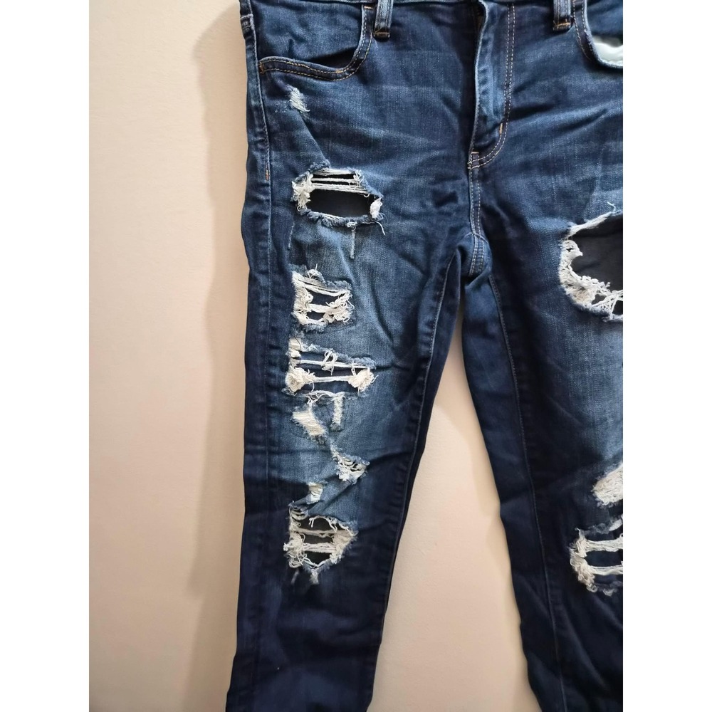 American Eagle Super Stretch Distressed Jeggings Dark Wash Blue Denim Womens 8 - Picture 2 of 5